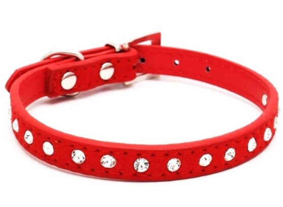 Suede Leather Dog Collar Diamante Puppy Bling Yorkie Teacup Chihuahua & Upwards - Red