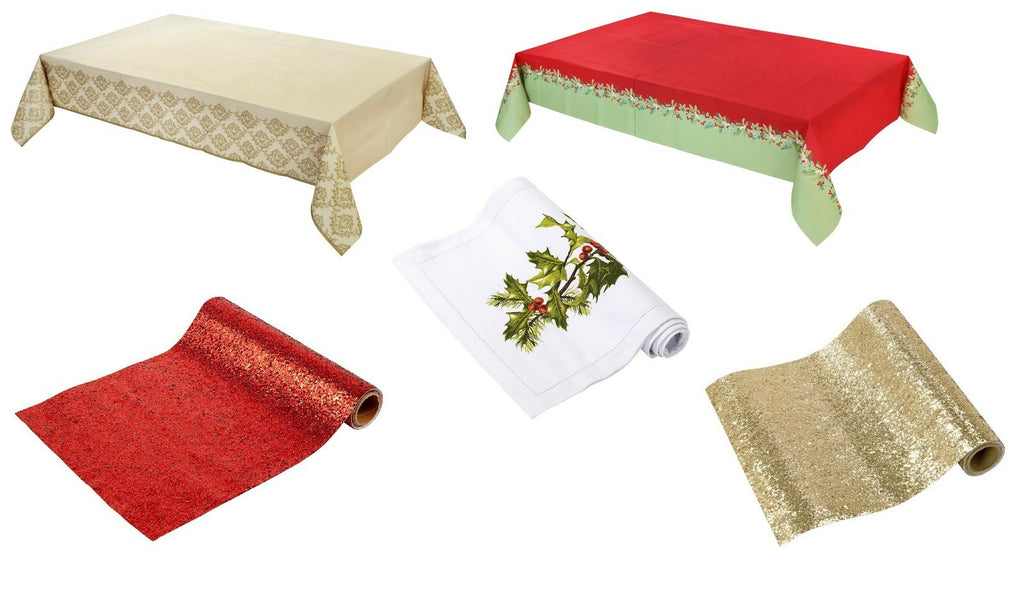 Christmas Table Cover or Runner Botanical Holly Festive Glitter Damask