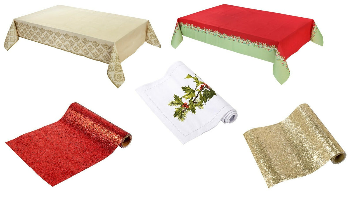 Christmas Table Cover or Runner Botanical Holly Festive Glitter Damask