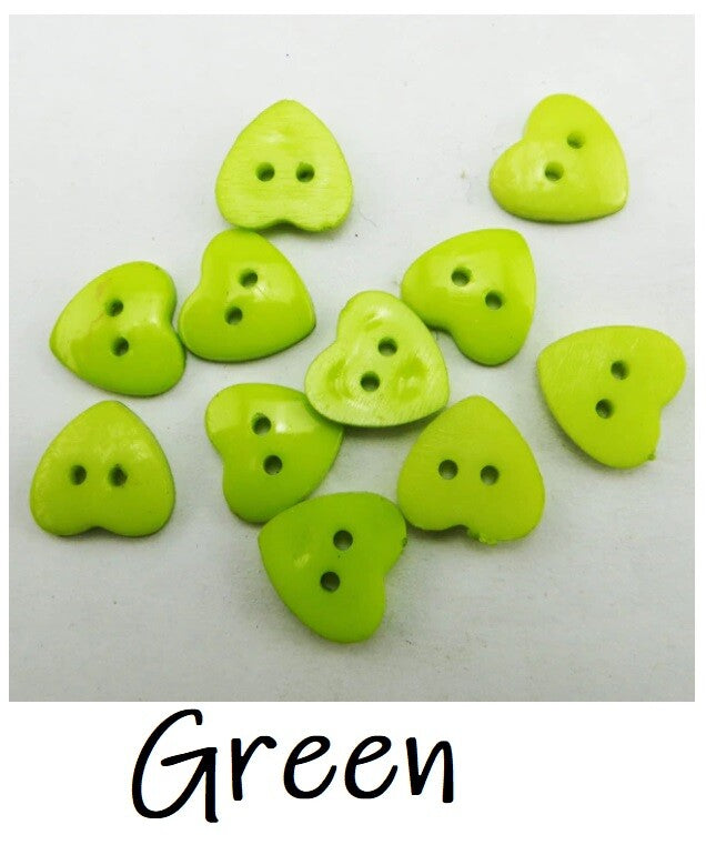 Heart Buttons 11mm - 2 Hole - Sewing Knitting Customise Craft Scrapbook - Green