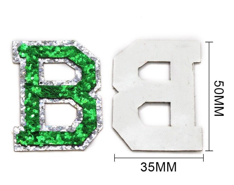 Green & Silver Glitter Varsity Letter Patch Iron or Sew on Alphabet Patches