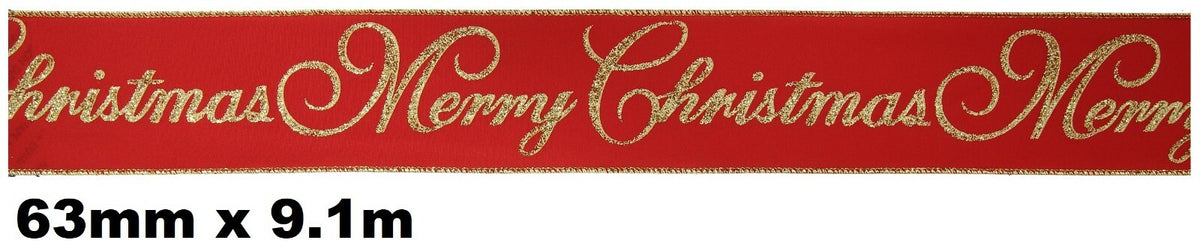 Eleganza Festive Christmas Ribbon Roll Craft Wreath Bows Gifts Tree Decoration - Merry Christmas Wired Edge Red