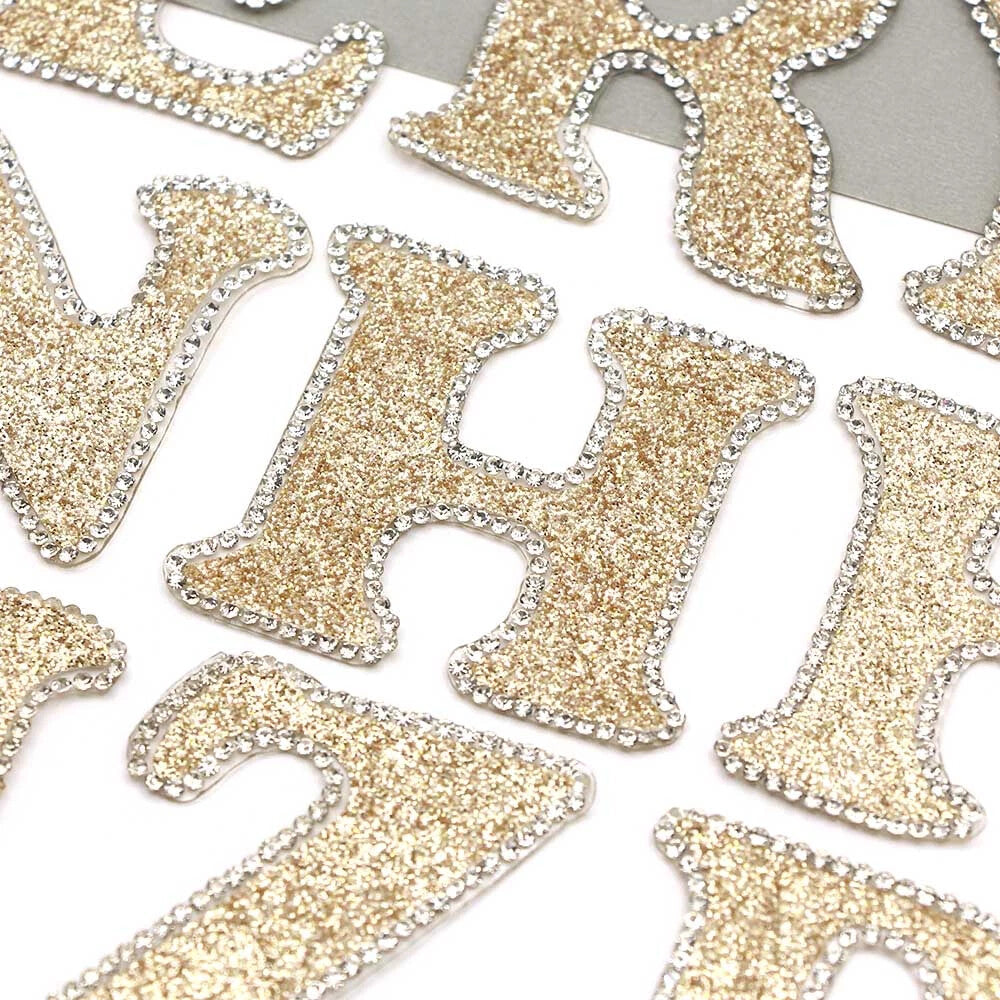 3D Rhinestone Champagne Gold Glitter Letter Patch Iron on Alphabet Patches 5cm