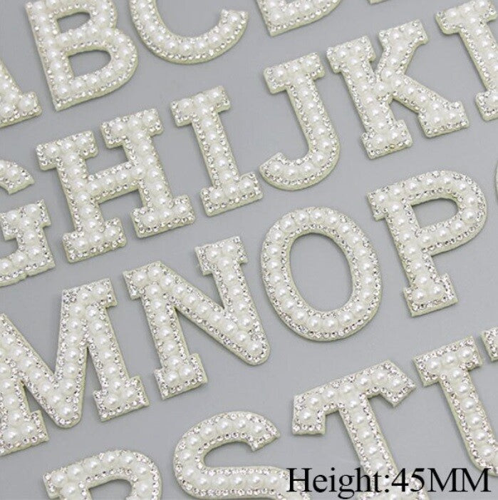 White Pearl Silver Rhinestone Letter Patch Patches Iron Sew on Alphabet Crystal