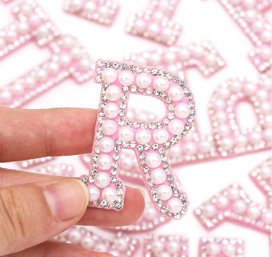 Pearl Rhinestone Letter Patch Patches Iron on Sew on Alphabet Pink White Blue - Pink & Pearl