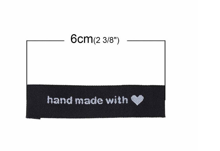 Black Fabric Labels Hand Made With Love Sew On Garment Clothing Tags 60x15mm