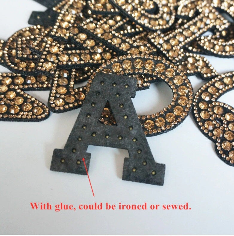 Champagne Gold Rhinestone Letter Patch Patches Glue Iron Sew on Alphabet Crystal