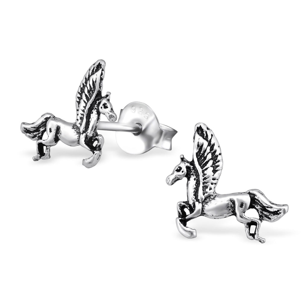 925 Sterling Silver Magical Pegasus Flying Mythic Horse Cute Stud Earrings SL