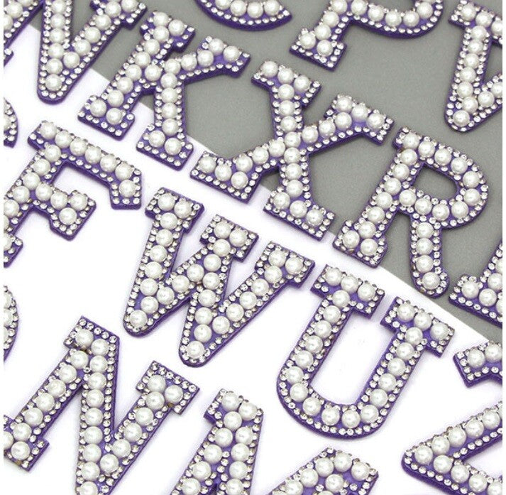 Purple & Pearl Rhinestone Letter Patch Patches Glue on Sew on Alphabet Crystal