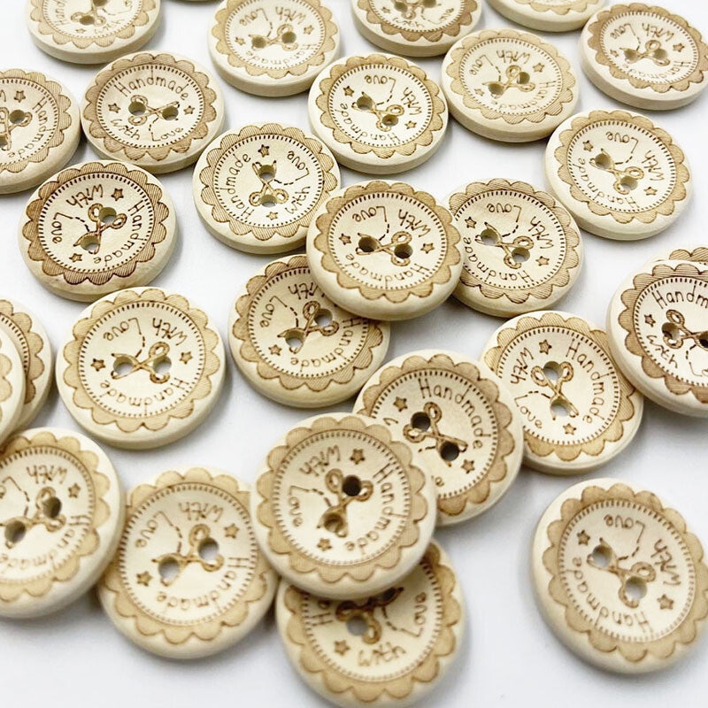 Handmade With Love Natural Wooden Wood Round Buttons - 2 Holes 15mm 20mm 25mm D2