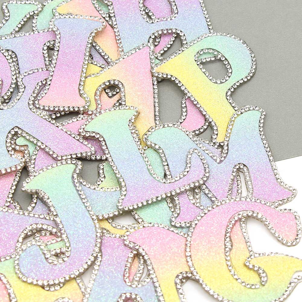 3D Rhinestone Pastel Rainbow Glitter Letter Patch Iron on Alphabet Patches 5cm