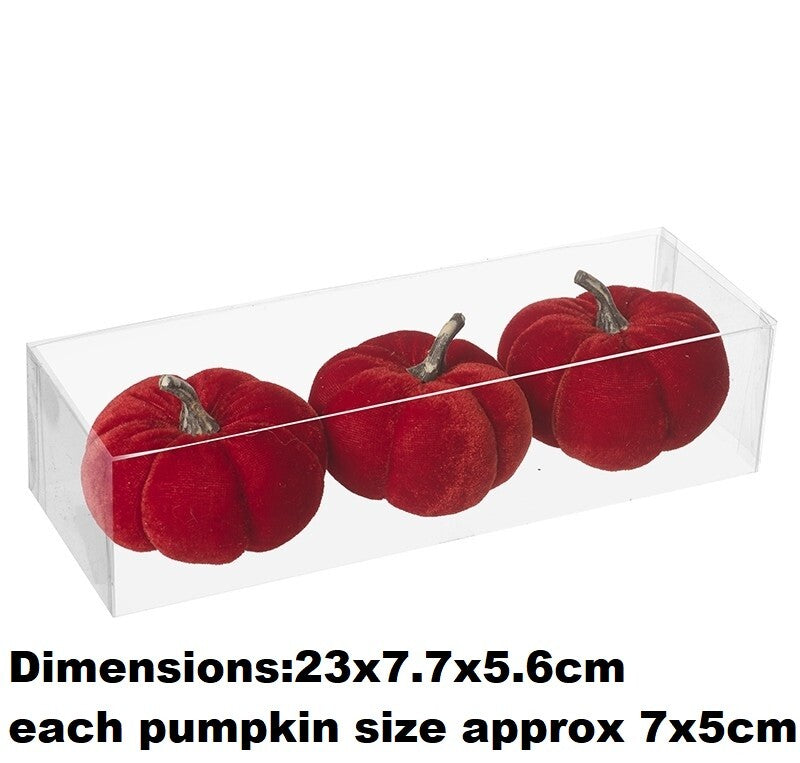 Velvet Pumpkin Halloween Pumpkins Ornament Prop Party Autumn Decoration Craft - Set Of 3 Deep Red Velvet Pumpkins - 23x7.7x5.6cm