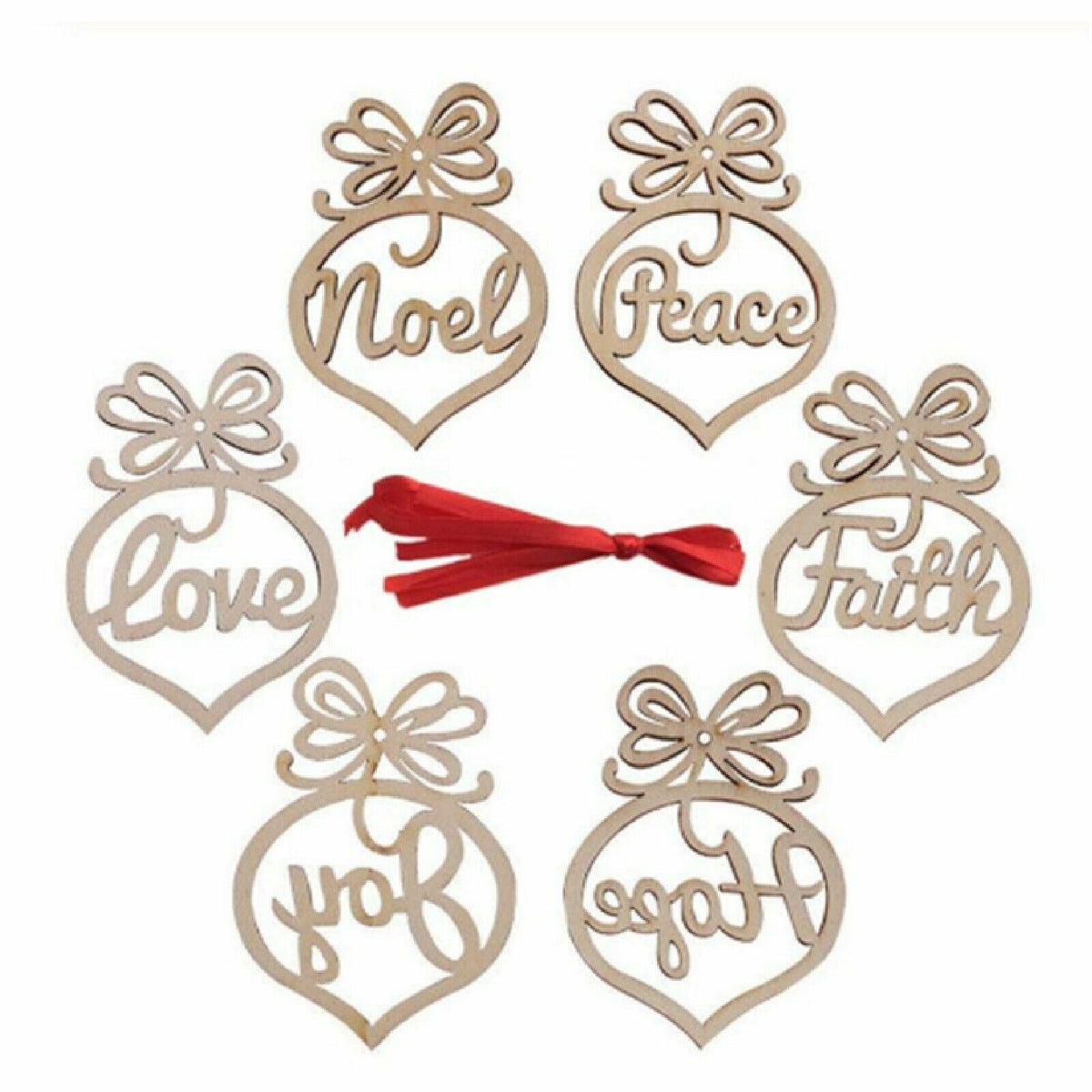 Merry Christmas Decorations - Set of 6 Wooden Ornament with Red Ribbon for Tree