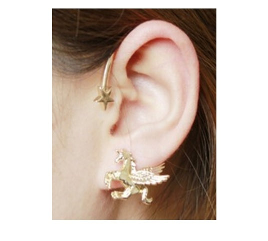3D Flying Horse Pegasus Wing Unicorn Star Ear Cuff Stud Wrap Earring Kawaii - Gold