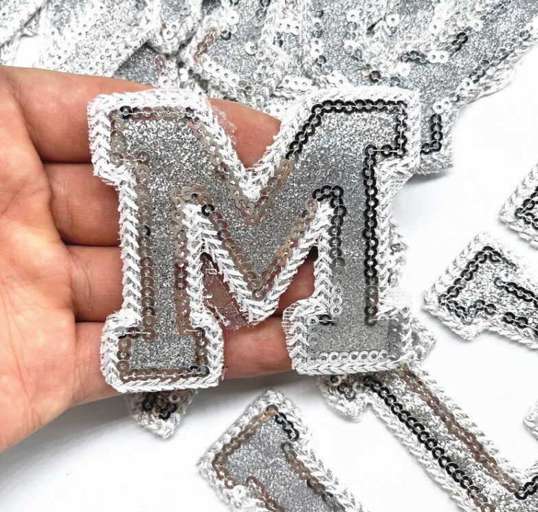 Sequins Letter Patch Patches Glue Sew on Alphabet Pink Black Silver Gold Sparkle - Silver