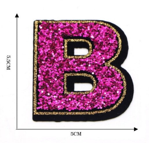 Large Pink Sequins Glitter Letter Patch Iron on Sew on Alphabet Customise 5.5cm - B