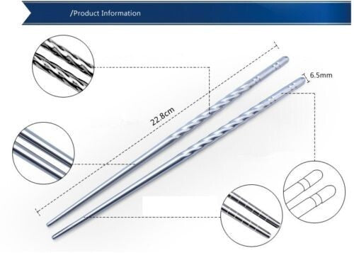 1 Pair of Chinese Stainless Steel Chopsticks - 22cm Long