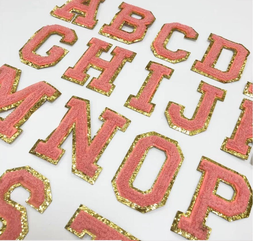 Large Peach & Gold Chenille Patch Letter Patches Iron Sew on Alphabet Embroidery