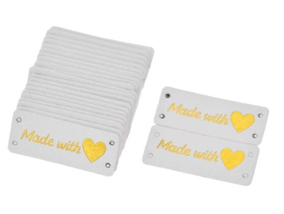 Faux Leather Labels Made with Love Sew On Garment Clothing Label Tags 5x2cm - White Design 1