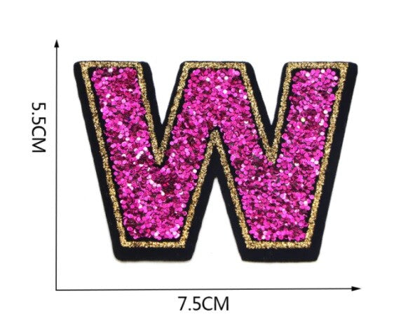 Large Pink Sequins Glitter Letter Patch Iron on Sew on Alphabet Customise 5.5cm - W
