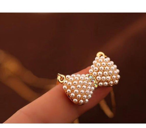 Cute Pearl Bow Crystal Vintage Long Pendant Chain Necklace Fashion Kawaii