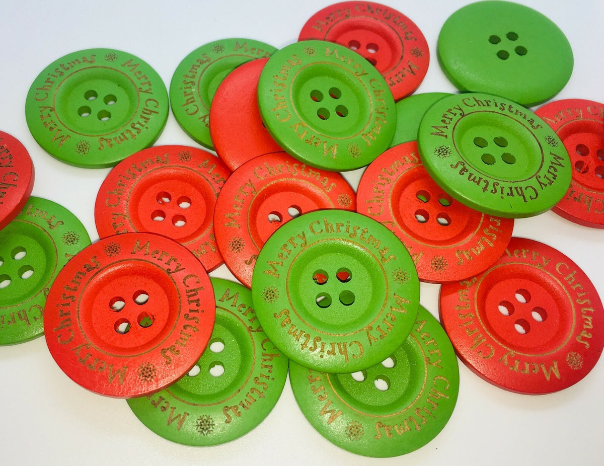 Merry Christmas Green Red Wooden Round Buttons - 4 Holes 35mm Sewing Craft Gift