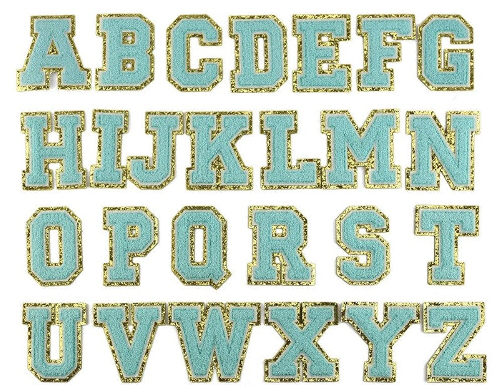 3D Coloured & Gold Chenille Patch Letter Patches Iron on Alphabet 8cm / 80mm - Blue