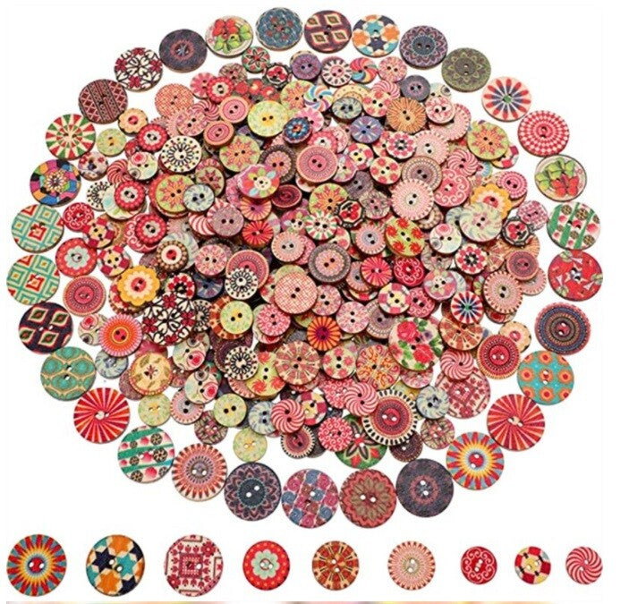 20mm Retro Wooden Buttons - Mixed Pattern Craft Scrapbook - 2 Hole