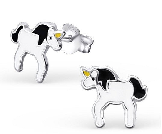925 Sterling Silver Unicorn Pegasus Earrings & Gift Box - Black & White Unicorn