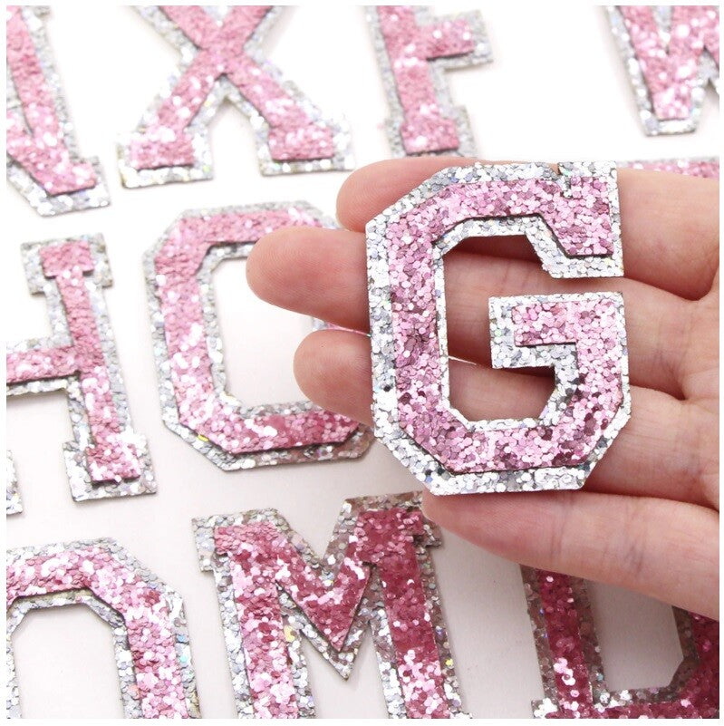 Pink & Silver Glitter Varsity Letter Patch Iron or Sew on Alphabet Patches