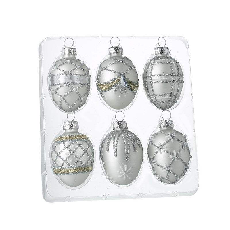 Glass Handcrafted Baubles Premium Traditional Christmas Tree Decoration - 6 Pack Silver Glitter Baubles