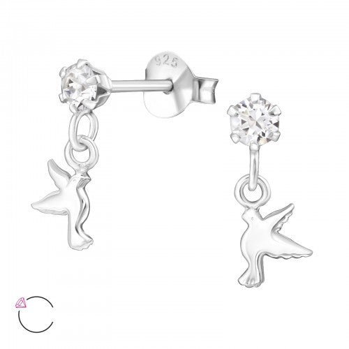 925 Sterling Silver Crystal Bird Dove Minimalist Stud Earrings 5x6mm & Gift Box