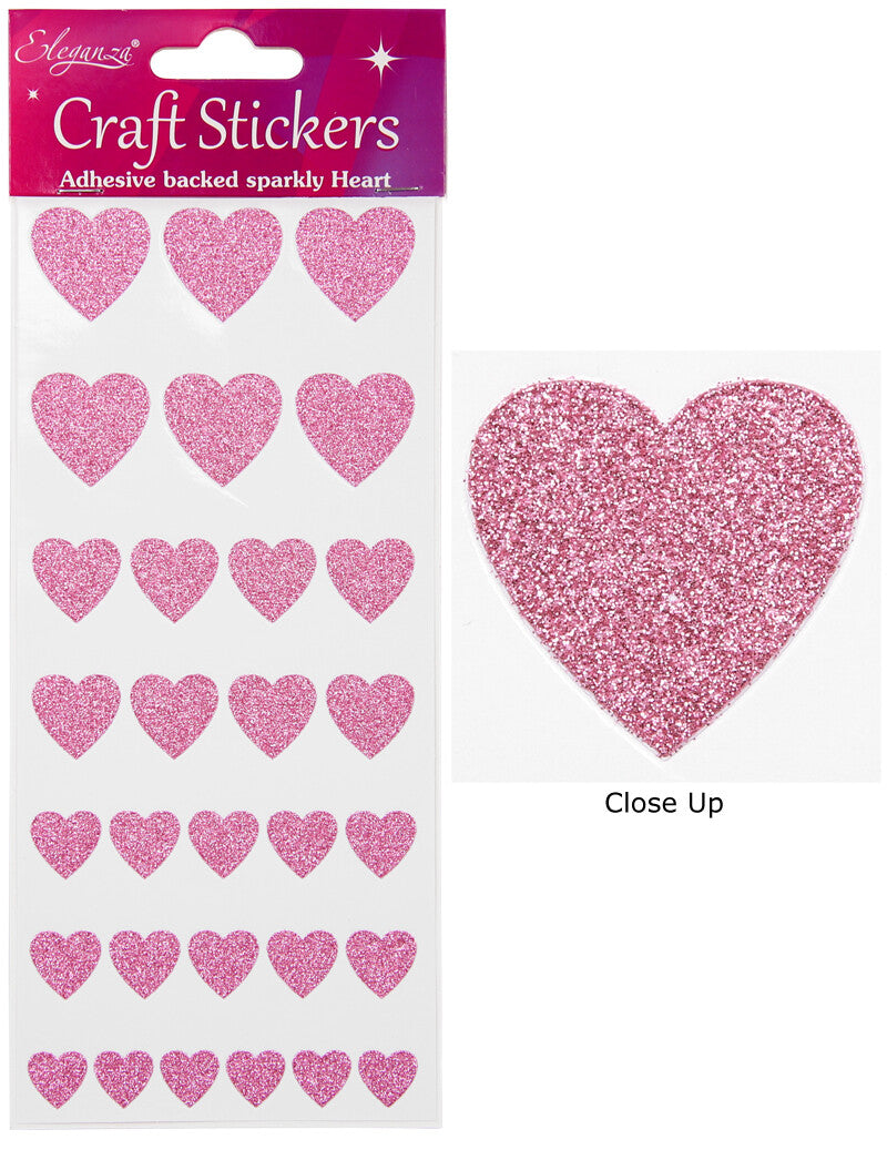 Self Adhesive Glitter Heart Sparkly Stickers Sheet of 30 - 4 Sizes of Hearts - Pink