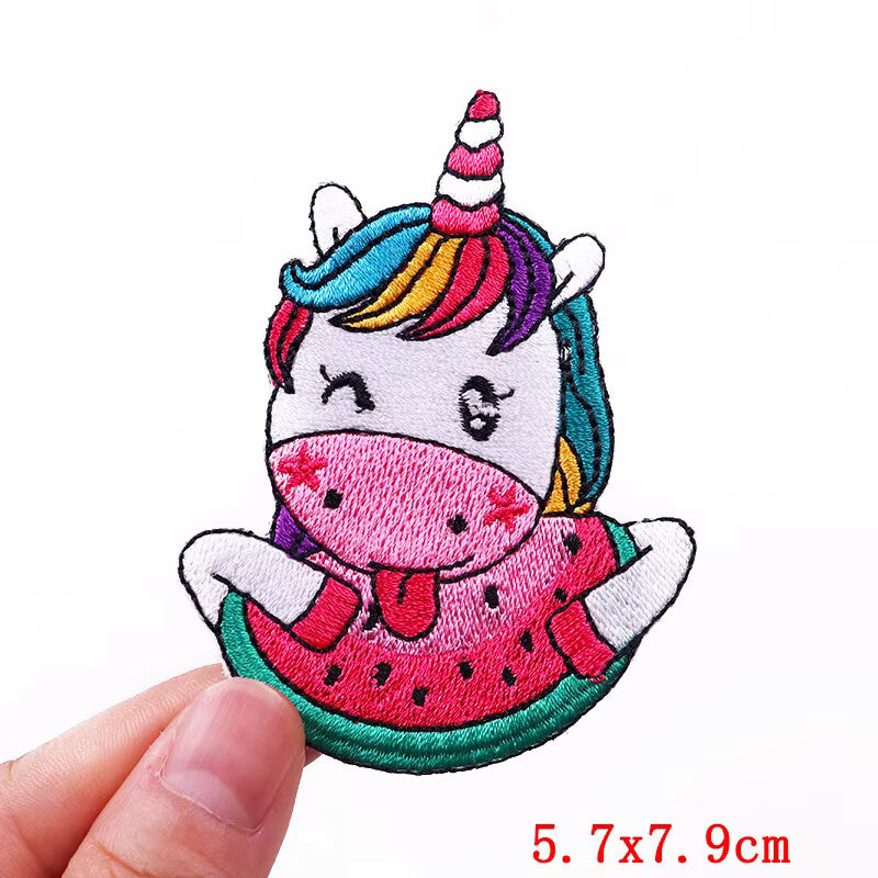 Unicorn Patch Rainbow Embroidered Iron on Sew on Patches Clothing Applique - Watermelon Unicorn