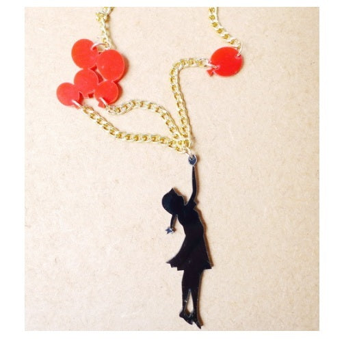 Girl & Red Balloon Acrylic Statement Gold Chain Necklace Graffiti Style UK