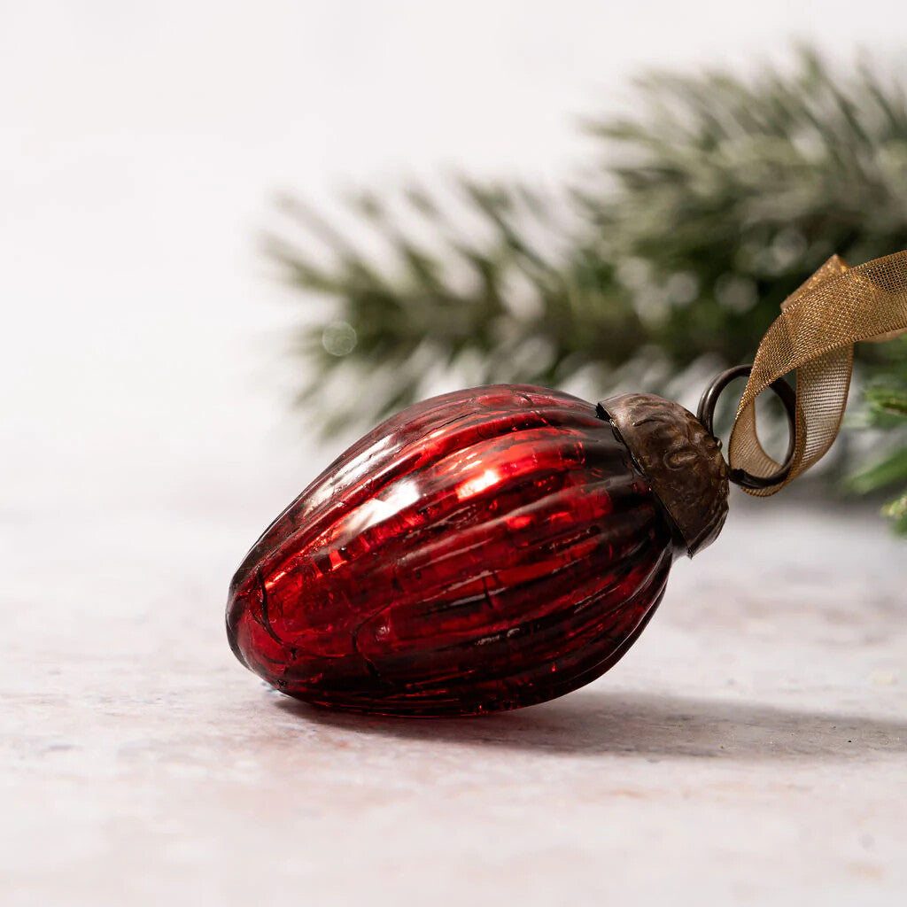 6 Pack Small Glass Handcrafted Baubles Premium Traditional Christmas Tree Craft - Set of 6 Small Wine Crackle Glass Pinecones