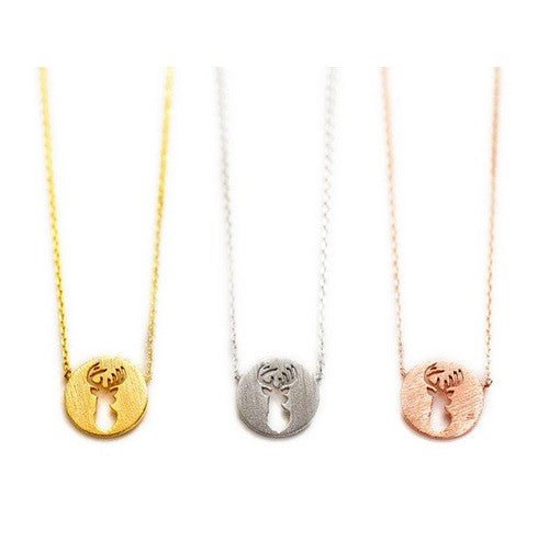 Round Hollow Minimalist Deer Stag Head Pendant Necklace & Gift Bag