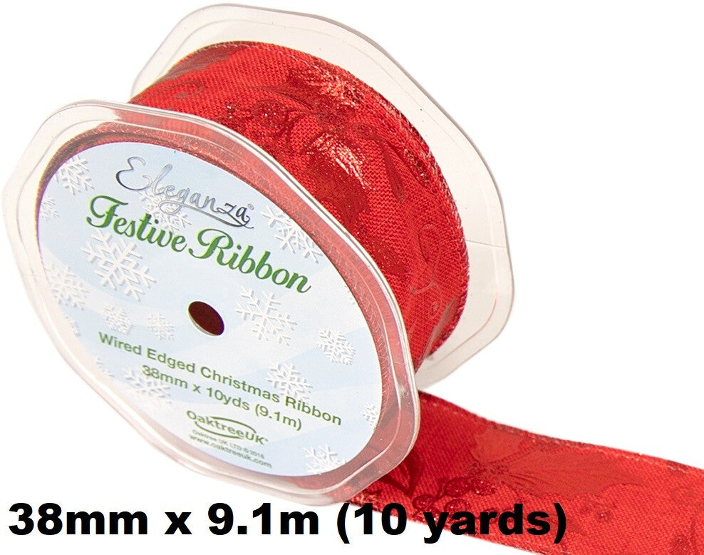 Eleganza Festive Christmas Ribbon Roll Craft Wreath Bows Gifts Tree Decoration - Gilded Holly Wired Edge Red/Metallic