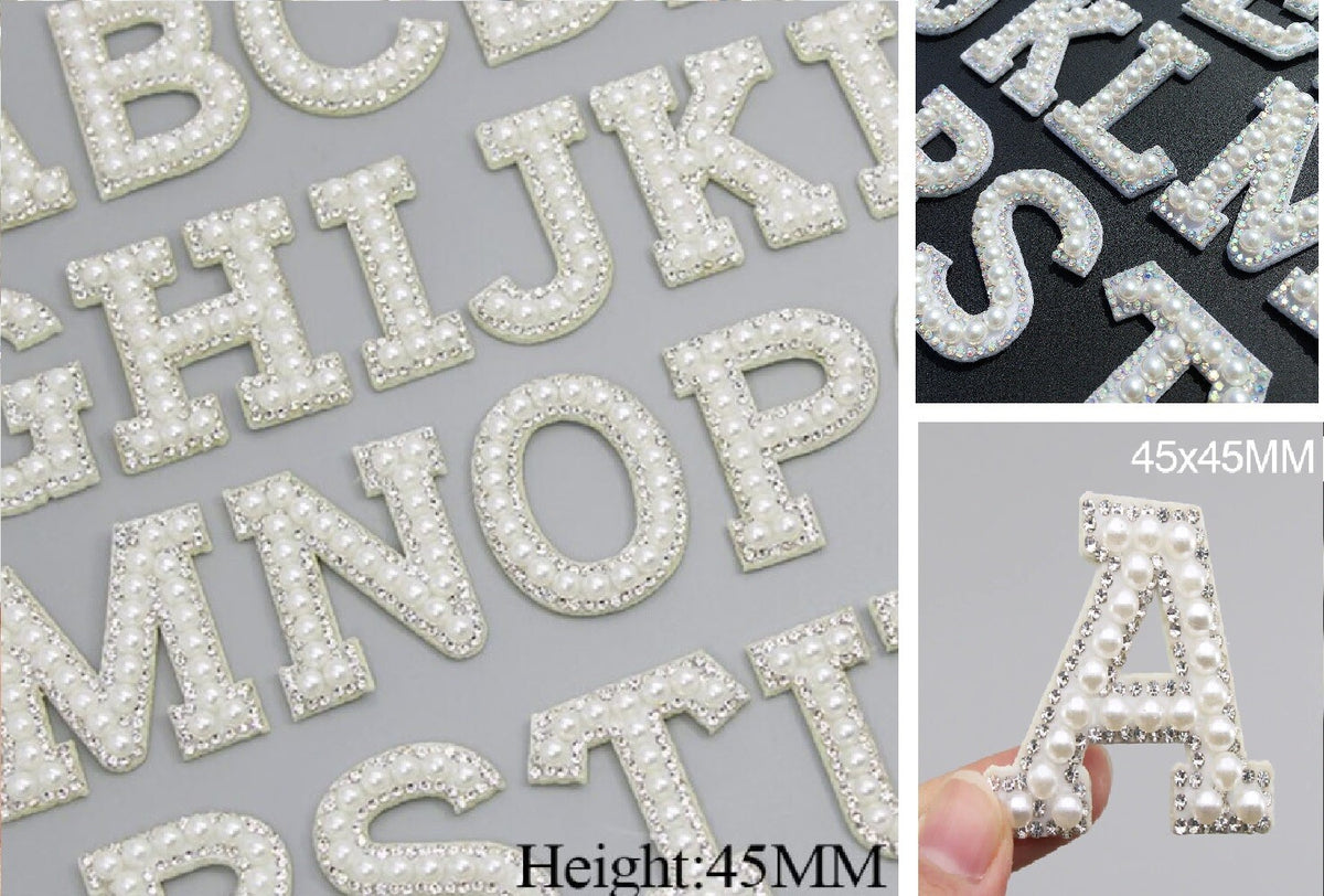 White Pearl Silver Rhinestone Letter Patch Patches Iron Sew on Alphabet Crystal