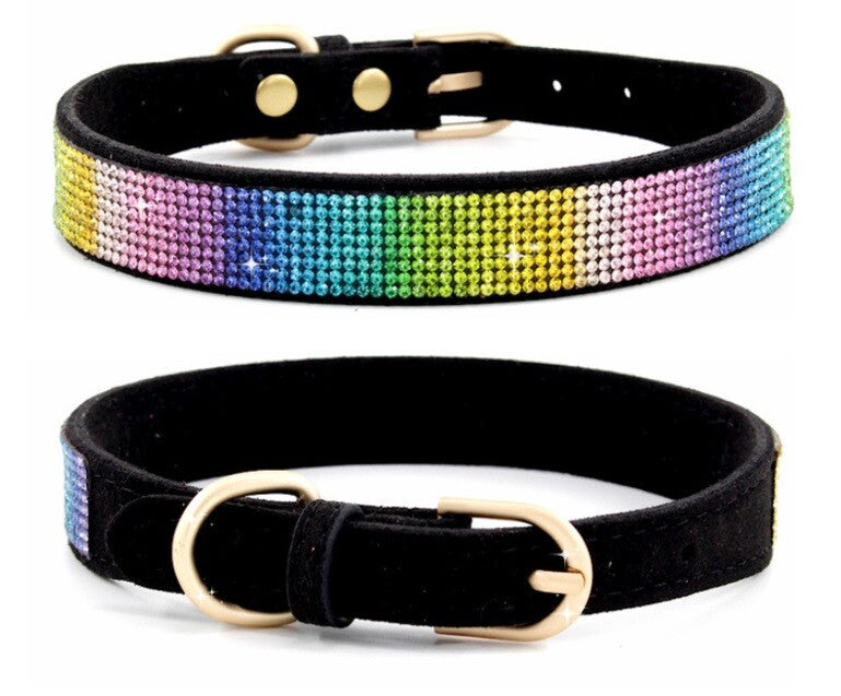 Suede Rhinestone Dog Collar Diamante Puppy Yorkie Teacup Chihuahua & Upwards - Black Coloured Rhinestones