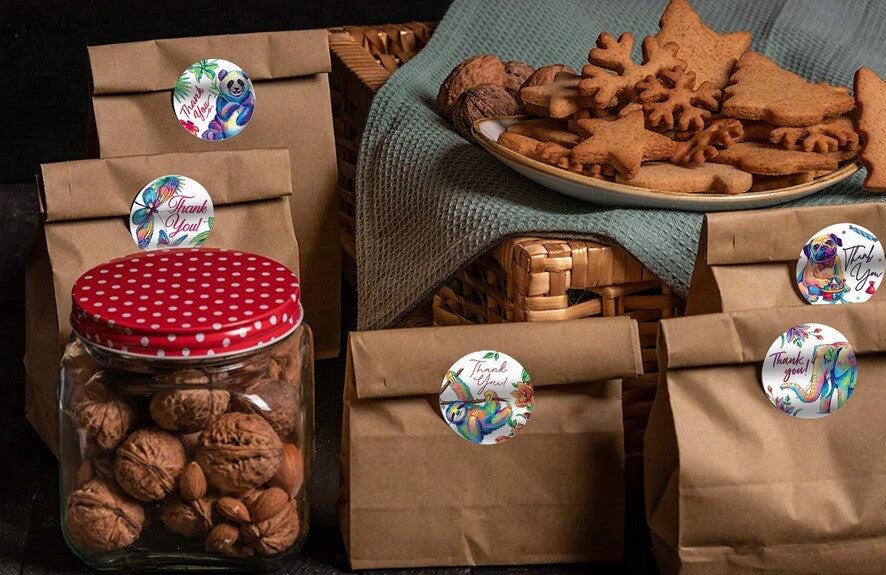 Round Labels 'Thank You' Animals Nature Gift Craft Food Stickers 2.5cm