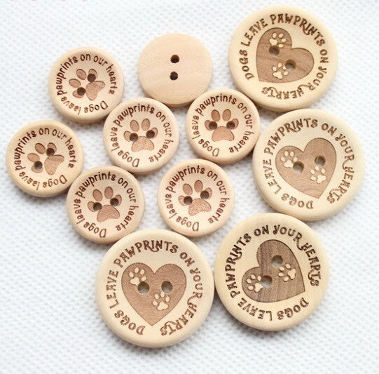 Natural Wooden Dogs Paw Prints Hearts Buttons 2 Hole 20mm & 30mm Sewing Craft