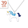 925 Sterling Silver Magical Blue & White Unicorn Necklace & Gift Bag