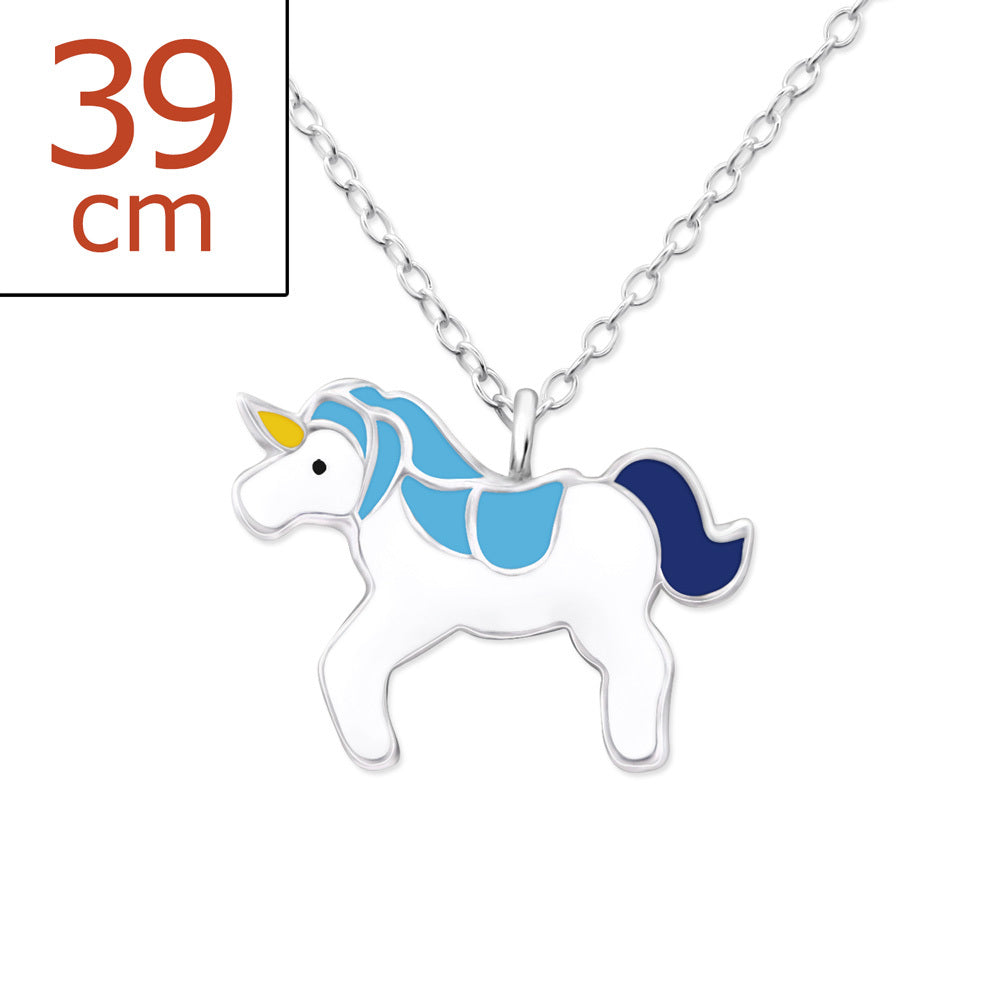 925 Sterling Silver Magical Blue & White Unicorn Necklace & Gift Bag