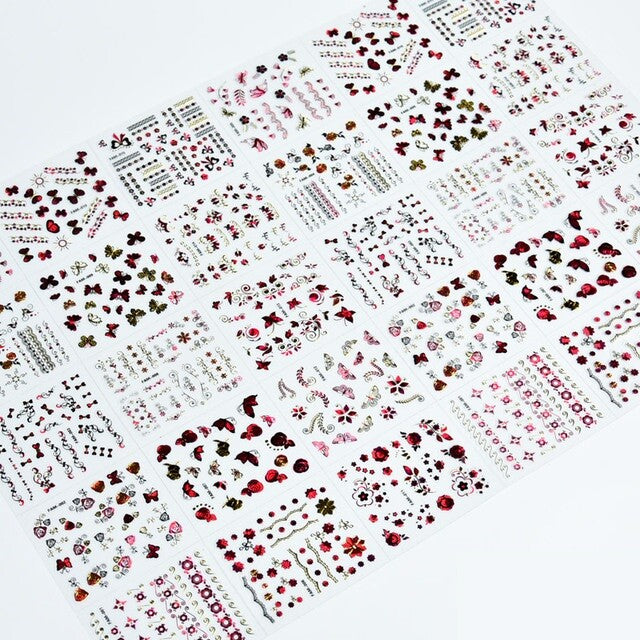 1 Sheet of 3D Nail Art Lace Stickers Decals Transfers Flowers Black White - Reds