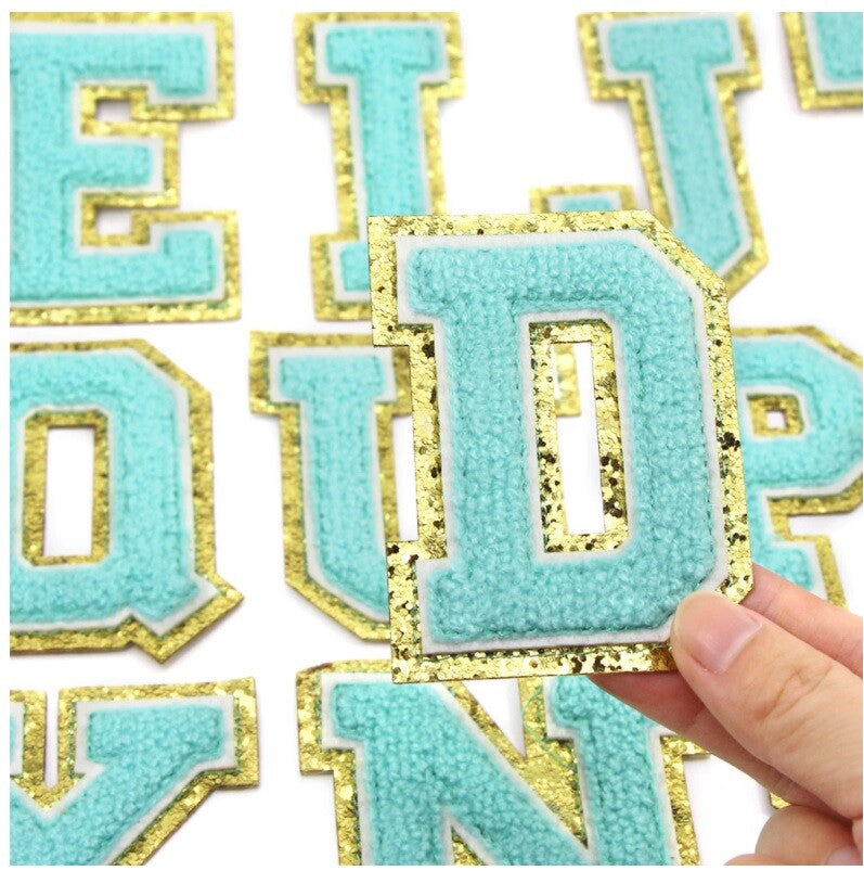 8cm Large 3D Blue & Gold Chenille Patch Letter Patches Iron Sew on Alphabet