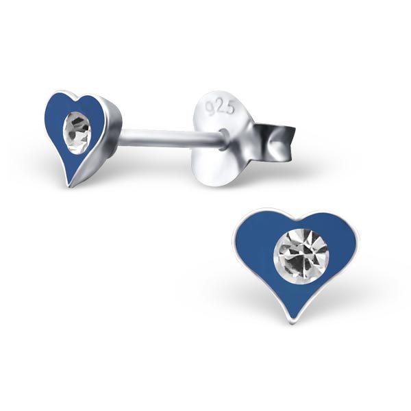 925 Sterling Silver Heart Diamante Stud Earrings Love Valentine & Gift Box - Blue