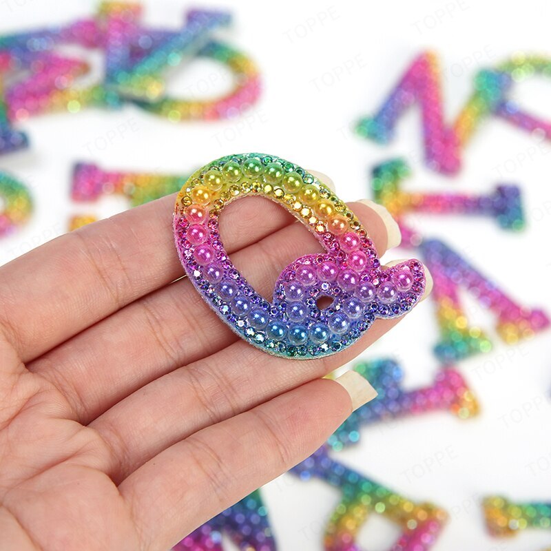 Rainbow Pearl Rhinestone Letter Patch Patches Iron on Sew on Alphabet Crystal
