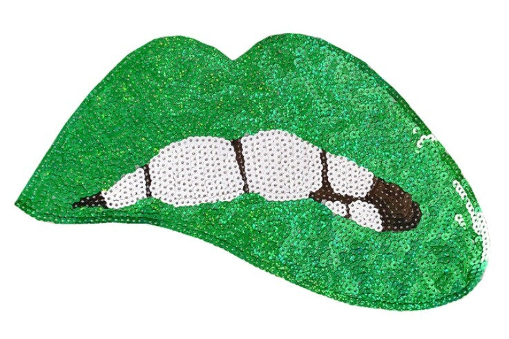 Large Rose Gold Silver Pink Lips Mouth Pop Art Lip Sequin Iron on Sew on Patch - Ab Green - Iron On