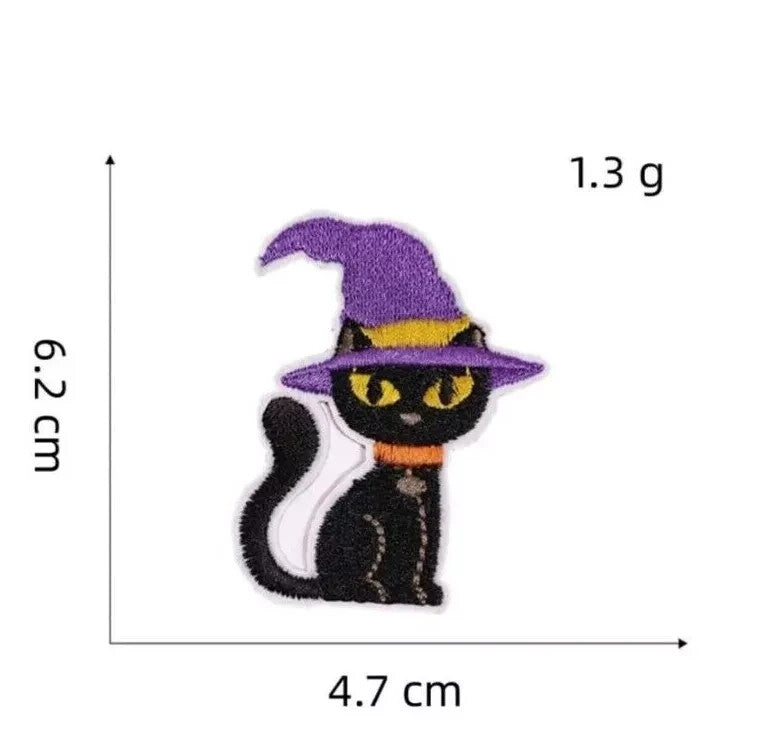 Halloween Patches Pumpkin Witch Cat Bat Ghost Embroidered Badge Iron On Sew - Cat